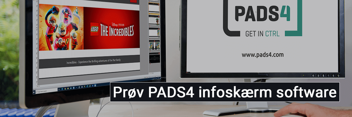 Banner med teksten - Prøv PADS4 infoskærm software