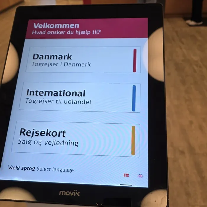 Stander hos DSB, hvor kunden vælger mellem Danmark, International og Rejsekort