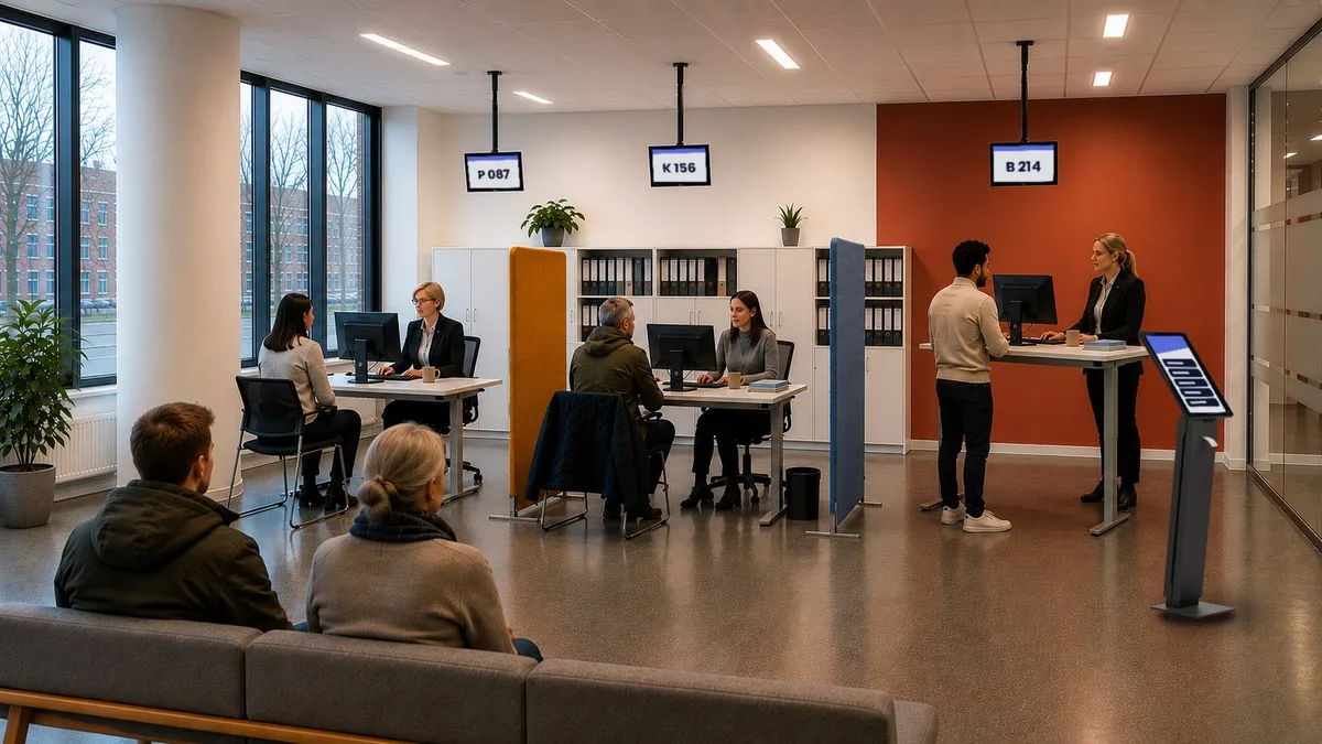 Borgerservice med nummerstander ved indgangen og kaldeskærm over hver arbejdsplads